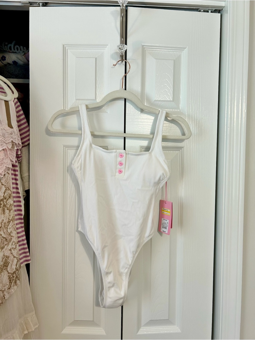 Stoney Clover Lane White Ribbed One-Piece Swimsuit with Pink Heart Buttons